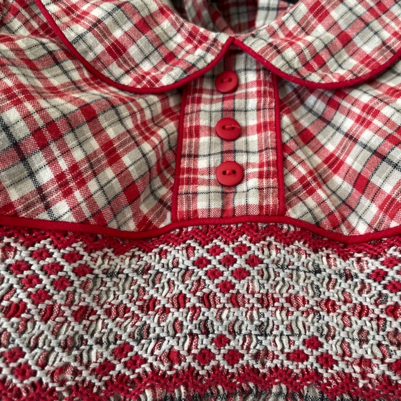 Strasburg Red Gray White Plaid Smocked Dress 4 - Picture 3 of 6